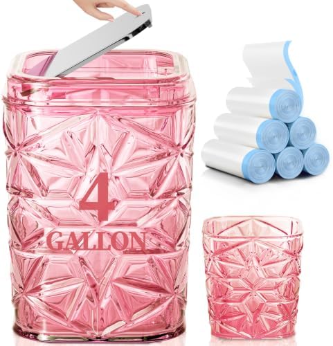 2-Piece Snowflake-Textured Acrylic Trash Can Set with 150 Drawstring Bags, 4 Gallon Sliver Press-Lid Wastebasket and Small Open-Top Desktop Bin for Bathroom, Bedroom, Office, Pink