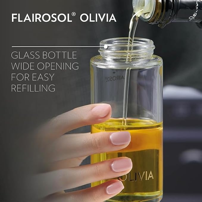 FLAIROSOL OLIVIA. The Original Advanced Oil Sprayer for Cooking, Salads, BBQs and More, Continuous Spray with Portion Control, Trusted by Chefs. Patented Technology. (Glass Bottle) (Golden Leaves) | Portion control mist for air fryer, salad, BBQ, refil...