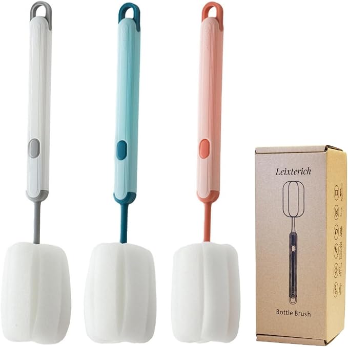 Bottle Brush Long Handle Cup Cleaner Brush Sponge Bottle Scrubber Detachable Handle Portable Sponge Cleaning Brush for Cups Wine Glasses Water Bottles Baby Bottles and Vacuum Flasks(3 PCS)