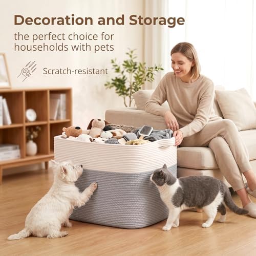 OIASKET 108L Cotton Rope Storage Basket for Living Room and Bedroom 25"x16"x16" Woven Laundry Basket, Heavy Duty Bin for Blankets, Pillows & Toys, Pet-Safe & Scratch-Free, Grey and White