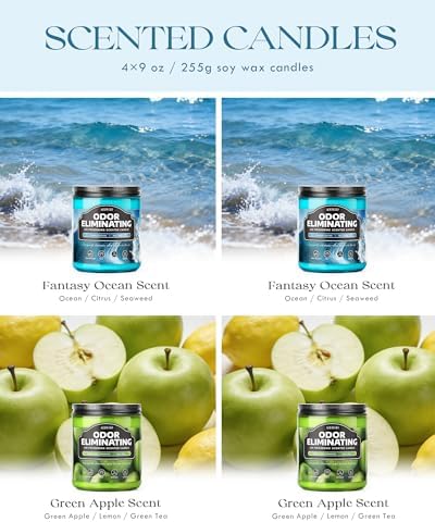 AOOVOO 4 Pack Odor Eliminating Candle Set - 36oz Fantasy Ocean/Green Apple | Eliminates 95% of Pet, Smoke, Food, and Other Smells Quickly, Highly Fragranced Non Toxic Air Freshing Soy Candle