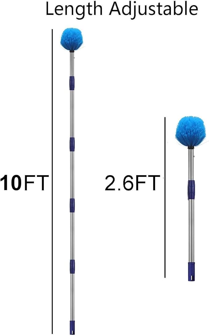 Cobweb Duster with Pole, 10ft Stainless Steel Pole Cobweb Brush with Medium-Stiff Bristles for Walls Beams Shelves Iight Fixtures and Window Screens