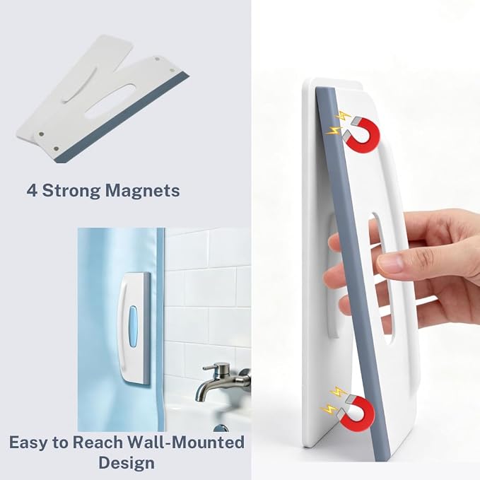 2-in-1 Shower Squeegee and Magnetic Shower Curtain Clips, All-in-One Silicone Squeegee for Glass Door with Splash Guard Clips, No-Drill Adhesive Water Guard for Bathroom, Gray/White, Pack of 2