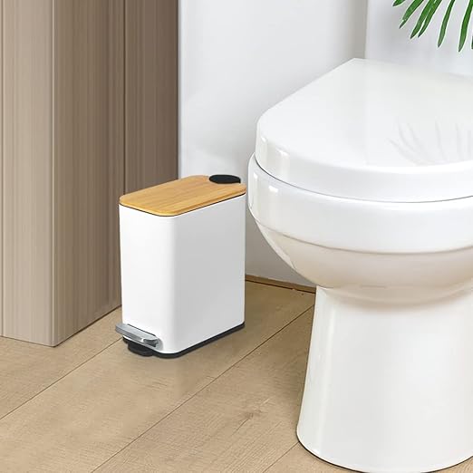 SIDIANBAN Bathroom Trash Can with Bamboo Lid Soft Close and Foot Pedal, Small Rectangular Slim Garbage Can with Inner Wastebasket for Bedroom, Office, Kitchen, 1.3Gal/5L, White | Small Rectangular Slim Garbage Can with Inner Wastebasket for Bedroom, Of...