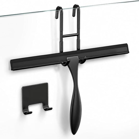 Stainless Steel Shower Squeegee, Glass, Silicone, 10 Inch (Black) | Shower Door Squeegee with Silicone Blade, Adhesive & Hanging Hooks for Mirror, Tile, Window, Car, Multi-Surface Everyday Use
