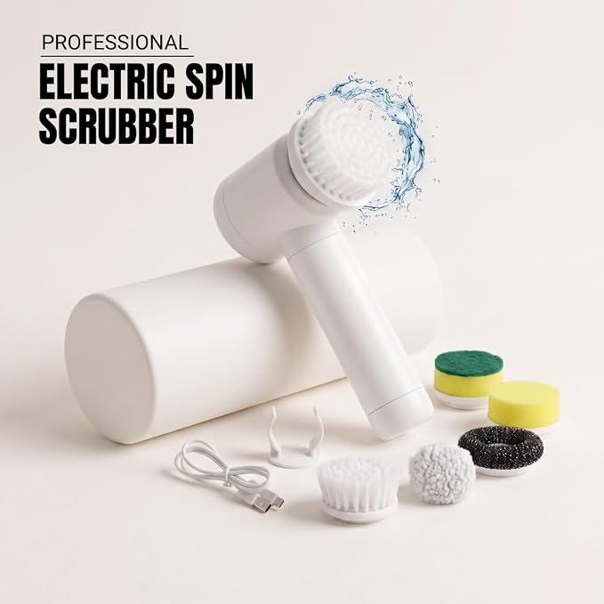 Electric Spin Scrubber - Cordless IPX7 Waterproof Shower Scrubber with 2 Speed Settings and 6 Replaceable Heads，Electric Cleaning Brush for Bathroom，Kitchen and Windows