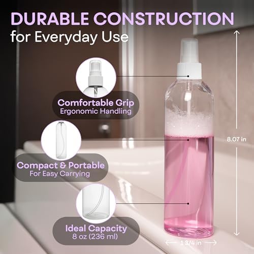 BRIGHTFROM Fine Mist Spray Bottles 8 OZ, Empty Refillable Containers - Essential Oils, Disinfectant Spray, Water 2 PACK (Clear, White Mist)