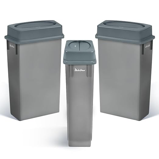 PLASTIC PRINCE 23 Gallon Slim Trash Can with Swing Lid Commercial Gray Rectangular Garbage Can with Drop Shot Lid Waste Bin with Double Flip Top for Restaurant Home Kitchen Office 3 Pack