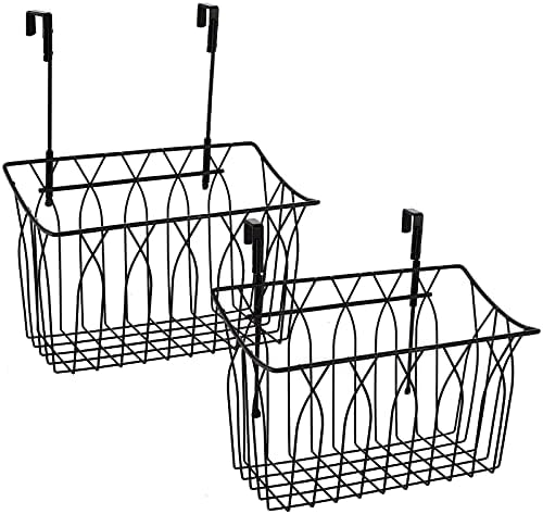 TOPZEA 2 Pack Grid Storage Baskets with Hooks, Metal Hanging Wire Basket Kitchen Over the Cabinet Door Organizer Caddy for Cutting Board, Kitchen Wrap, Foil, Cleaning Supplies, Bakeware, Towel