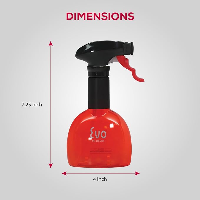 Evo Oil Sprayer Minis, Non-Aerosol for Olive, Cooking Oils, and Vinegars, Red, 8-Ounce Capacity, Set of 2 | 1.35ml per pull, scalloped grip, BPA- and latex-free construction