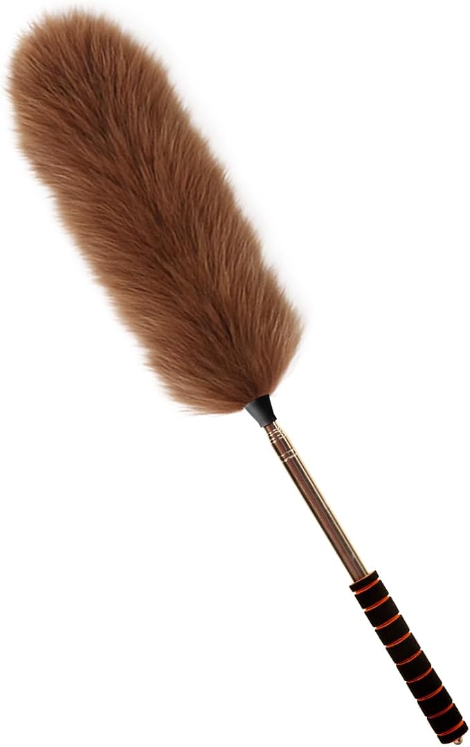 Lambs Wool Extendable Household Cleaning Duster 64" Wall Duster Cleaner with Stainless Steel Long Handle and Extension Pole for Cleaning High Ceiling Fan Interior Roof, Brown