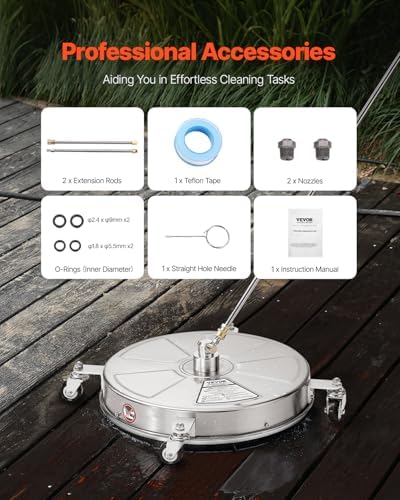 VEVOR 18 Inch Pressure Washer Surface Cleaner, 4000 PSI Stainless Steel Attachment with 4 Wheels, 2 Nozzles, 1/4 Inch Quick Connect and 2 Wands for Concrete, Patio, Deck