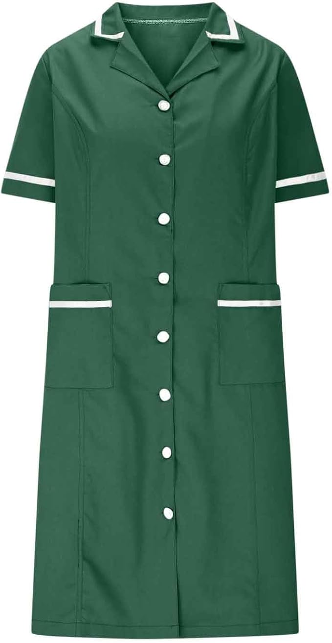 Women's Short Sleeve Work Dress Lapel Button Front Nursing Workwear Casual Housekeeping Scrubs Dress with Pockets