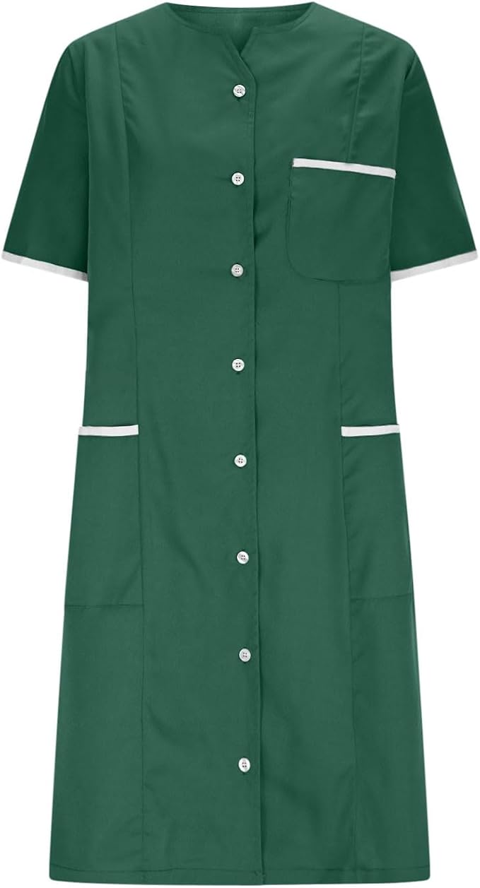 Scrubs Dress for Women - Button Front Nursing Workwear - Casual Housekeeping Dresses with Pockets