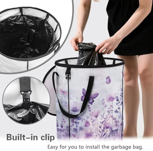 doginthehole Watercolor Purple Floral Butterfly Trash Can with Lid 23 Gallon, 22.83x17.71, Outdoor Recycling Bin Large Trash Can Outside Garbage Storage Bag for Camping Travel Beach