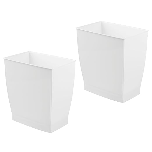 iDesign Small Plastic Bathroom Trash Can, Slim Rectangle, 2-Pack, White | Garbage Bin for Bedroom, Office, Dorm
