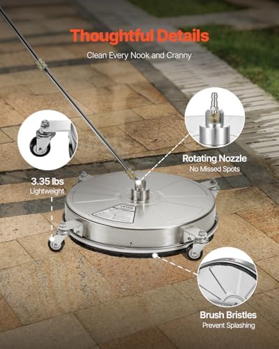 VEVOR 18 Inch Pressure Washer Surface Cleaner, 4000 PSI Stainless Steel Attachment with 4 Wheels, 2 Nozzles, 1/4 Inch Quick Connect and 2 Wands for Concrete, Patio, Deck