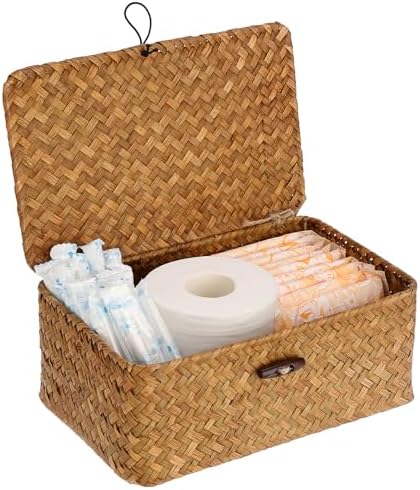 Sumnacon Wicker Basket with Lid, Rectangle Woven Tampon Holders, Caramel | Natural Seagrass Female Product Organizer for Toiletries Pad Tampon Storage,Farmhouse Woven Baskets for Shelf, Toilet Tank