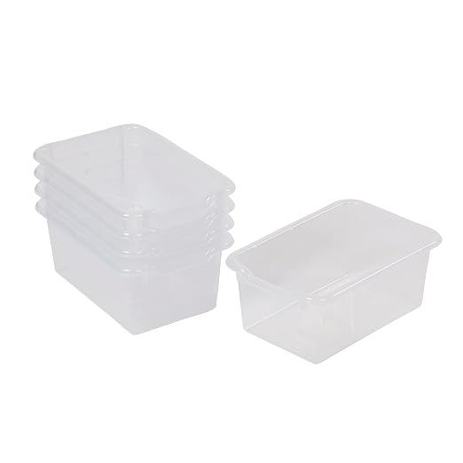 ECR4Kids Scoop Front Storage Bin, Multipurpose Organization, Clear, 5-Piece | Durable plastic, GREENGUARD Gold Certified, 1.2 gallon capacity, lightweight & nestable, built-in handle, classroom/home use