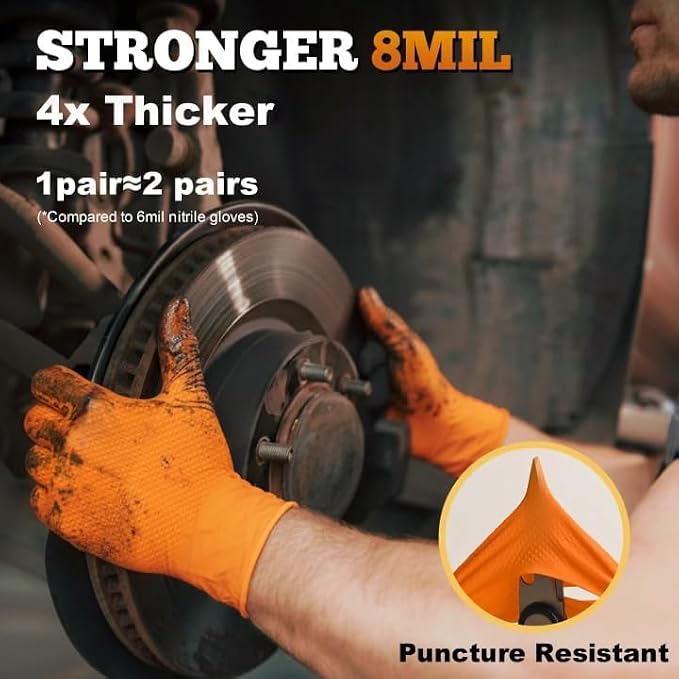 TitanFlex Heavy Duty Industrial Orange Nitrile Gloves, 8-mil, Gloves Disposable Latex Free with Raised Diamond Texture Grip, Powder Free, Rubber Glove, Mechanic Gloves,50-ct Box (XXL)