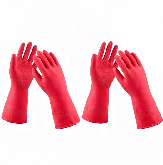 LADWA 2 Pairs Non-Slip Household Cleaning Reusable Dishwashing Gloves for Kitchen Washing Dishes Bathroom Gardening & Home Tasks Flexible Long-lasting & Waterproof Gloves Perfect for Woman Men (Red)