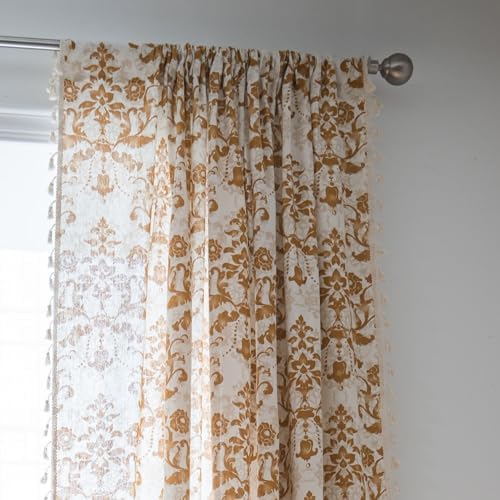 Sutuo Home Boho Curtains 84 Inches Length for Bedroom Living Room, Printed Moroccan Cotton Linen Rod Pocket Rustic Farmhouse Bohemian Tassels Window Treatment, 1 Panel 59" W x 84" L, Brown Damask