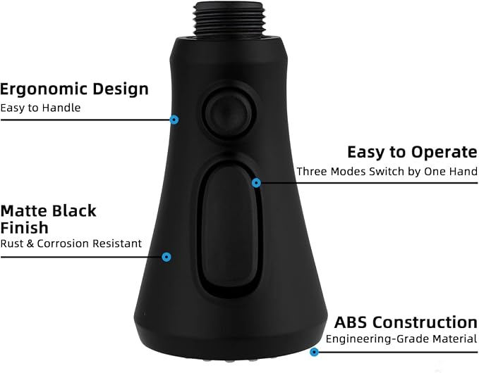 Hibbent Pull Down Spray Head for Kitchen Faucet, 3-Function Sink Nozzle | NSF/ANSI/CAN 61/372 & cUPC Certified Faucet Head Replacement, 15 Adapters, Compatible with Moen, Delta, Kohler, Matte Black