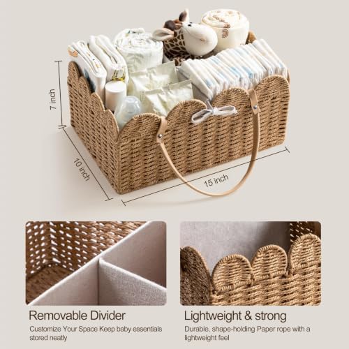 HBlife Large Baby Diaper Caddy, Paper Rope Scalloped Storage Baskets Nursery Bin with Removable Divider, Portable Car Organizer for Diapers, Baby Shower Gifts, Newborn Essentials Must Haves, Brown