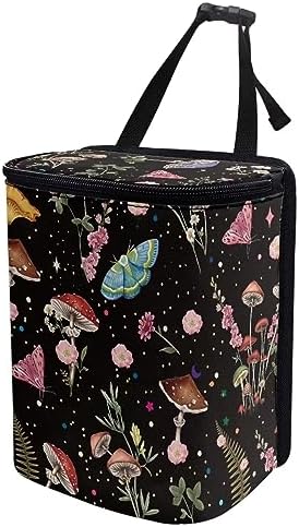 Mushroom Trash Can for Car Cottagecore Moth Boho Car Accessories for Women Portable Leakproof Garbage Can Bags with Zipper and Lid Butterfly Auto Trash Bag Hanging Front Seat