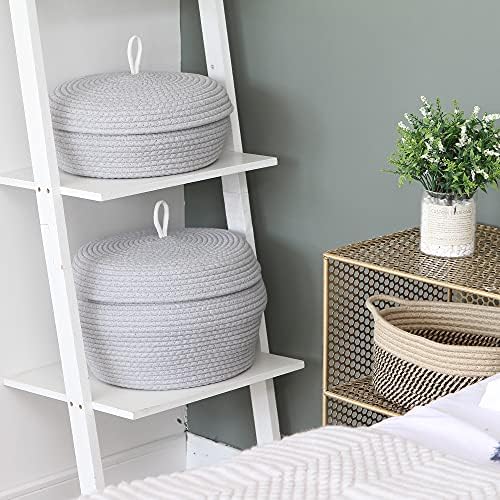 Sea Team Round Woven Cotton Rope Storage Basket with Lid, Gray | Lidded Knitted Decorative Storage Bin, Pot, Caddy, Organizer, Container for Snacks, Towels, Plants, 13 x 9 Inches