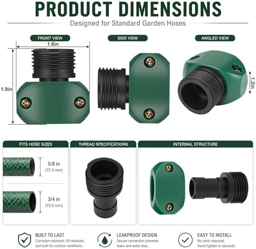 Pangda 2 Pack Garden Hose Mender Repair, Fits 5/8" or 3/4" Garden Hoses, Rust-free Poly Hose Connector with Clamp(Green, Black, Male)