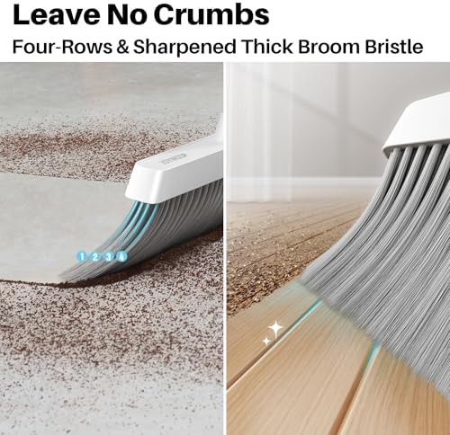 JOYMOOP White Broom and Dustpan Set, Upright Angle Design with Built-in Comb Teeth for Kitchen, Office, Pet Hair, Hard Floors