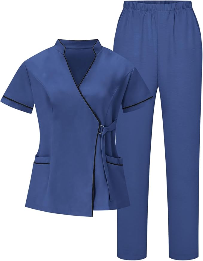 Housekeeping Uniforms for Women Hotel Cleaning Nurse Scrub Sets Stretch Wrap V-Neck Short Sleeve Top and Pants