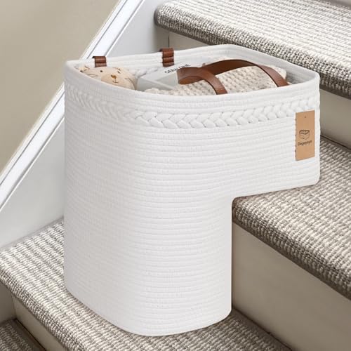 Woven Stair Basket, Stair Baskets for Wooden Stairs, Carpeted Stairs Storage Basket with Handles, Staircase Baskets for Toys, Books, Brown, 15” L x 10” W x 15” H