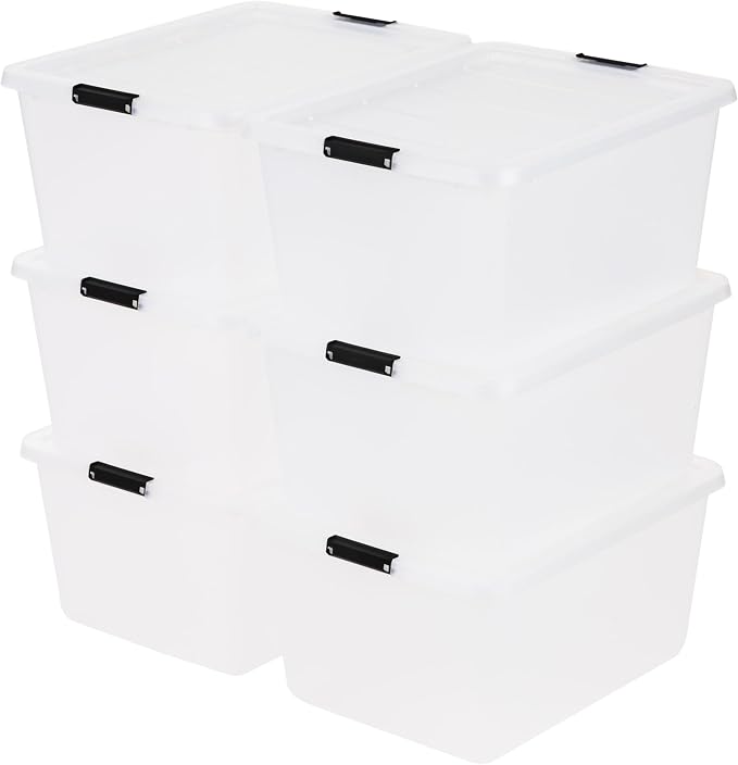 IRIS USA 6-Pack 32.5 Quart Clip Box with Latching Lid | Latching lid secures office and household supplies. Stackable, nestable design maximizes storage space