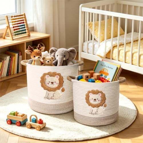 Cute Nursery Bin, Baby Toy Organizer (13.8"x13.8"), Storage Basket for Organizing, Woven Rope Basket for Shelves, Cute Baskets with Handle for Nursery, Playroom (Lion, Large)