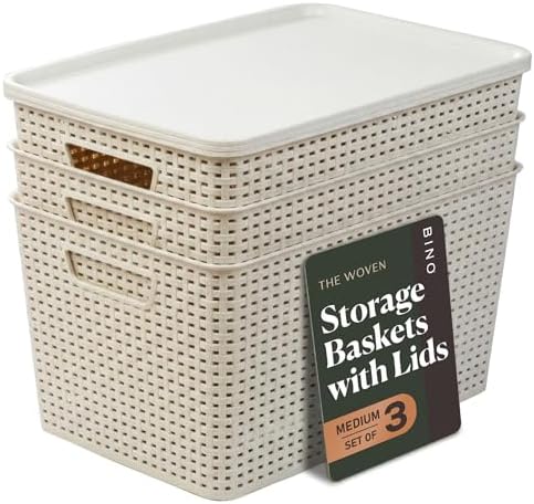 BINO | Plastic Storage Baskets with Lids, 22 Liter - 3 Pack, Natural | THE WOVEN COLLECTION | Storage Basket for Shelves | Woven Storage Baskets for Organizing Bins | Pantry Shelf Organizer Bin