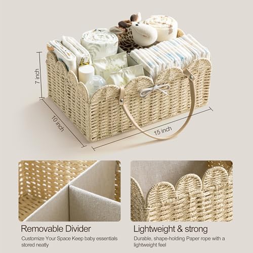 HBlife Large Baby Diaper Caddy, Paper Rope Storage Baskets Nursery Bin with Removable Divider, Portable Car Organizer for Diapers, Baby Shower Gifts, Newborn Essentials Must Haves