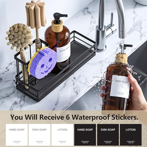 Moforoco Kitchen Dish Soap Dispenser Set, 16OZ Glass Bottle, Hand and Dish Soap Dispenser Set, Instant Dry Tray, Brush Holder with Smiley Face Sponge Holder (Black Tray+Amber Bottle+Labels)