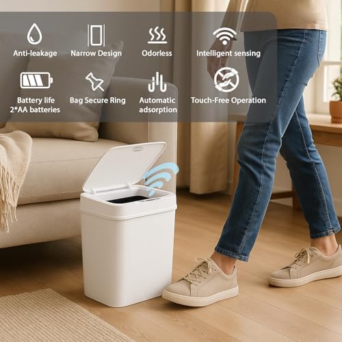 Touchless Motion Sensor Trash Can with Lid, Automatic Infrared Garbage Bin, Narrow Rectangular Bathroom Kitchen Bedroom Office Waste Basket, Soft Close Quiet Seal, Removable Inner Ring (White)