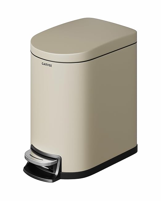 Garvee 1.6 gal / 6 L Metal Bathroom Trash Can with Lid, Slim Waterproof Garbage Can for Bedroom, Small Step-on Trash Bin with Inner Bucket, Rear Handle, Soft Close Lid, Sand Beige