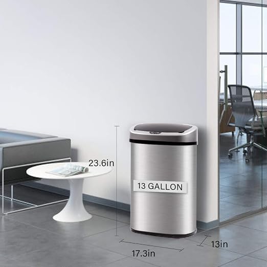 FDW | 13 Gallon Stainless Steel Trash Can with Lid | Steel | Automatic Touchless Lid with Motion Sensor | Kitchen Garbage Can with Waterproof Design | for Home, Office, Bathroom