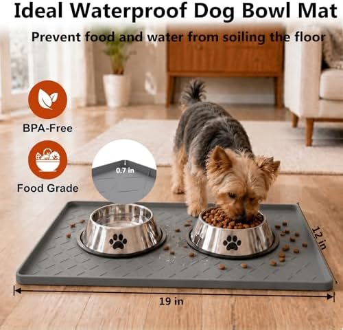 MateeyLife Silicone Waterproof Mat for Dog & Cat Food Mat 19"X12" | BPA-Free Non-Slip Pet Feeding Mat, Dog Food Tray for Food & Water Bowls, Protect Floor Against Spills, Dark Grey