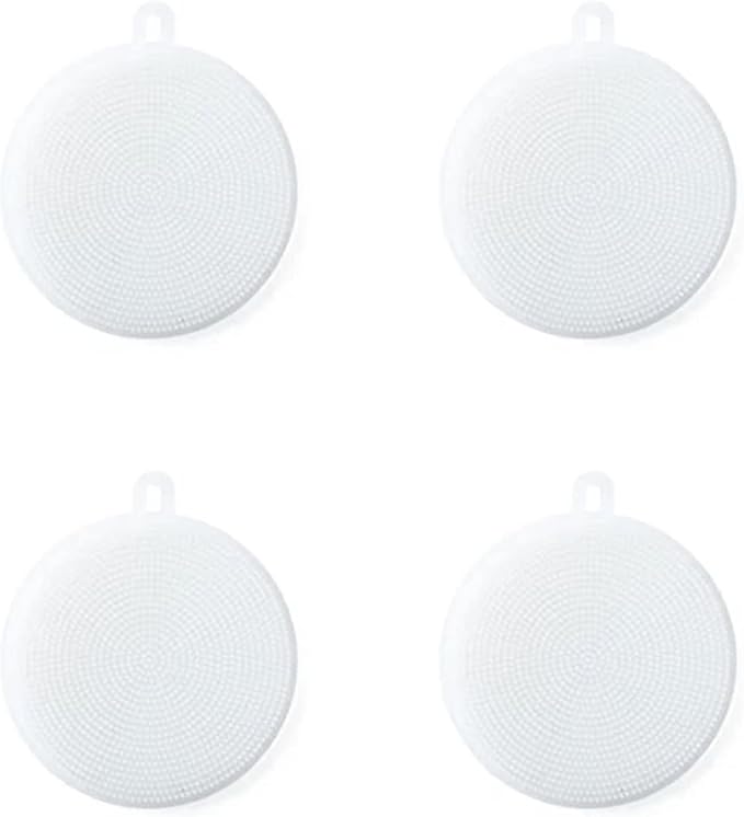 4PCS Silicone Dish Scrubber, Multipurpose Round Silicone Sponges Reusable Dish Brush Dish Brush for Kitchen Dish Dishes Fruits Vegetables(White)