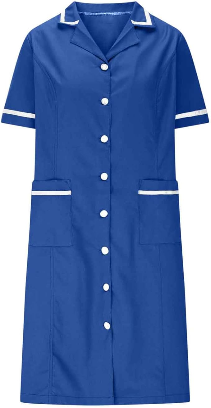Women's Short Sleeve Work Dress Lapel Button Front Nursing Workwear Casual Housekeeping Scrubs Dress with Pockets