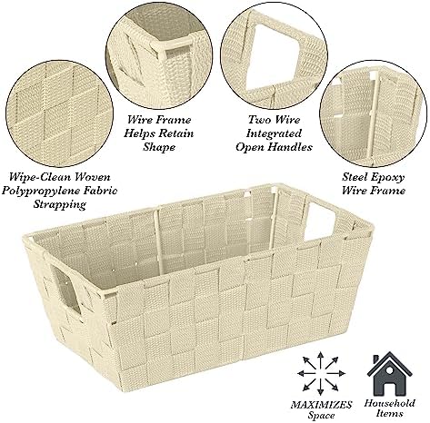 Simplify Small Shelf Woven Strap Tote | Decorative Storage Basket | Built in Handles | Organization | Closet | Bedroom | Bathroom | Nursery | Accessories | Toys | Gifts | 4 Pack | Ivory