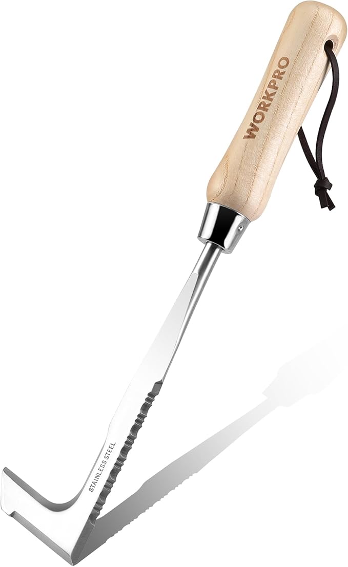 WORKPRO Crack Weeder, 12" Stainless Steel Crevice Weeding Tool with Ash Wooden Handle | L-Shaped Sidewalk Weed Puller Spatula, for Garden Lawn Yard Patio Terrace Paving Moss Garden Tool Weeder Tool