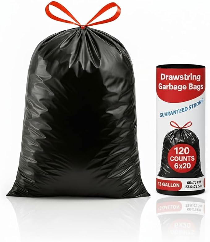 13 Gallon Drawstring Trash Bags (120 Count) – Black Garbage Bags, Leak & Tear Resistant, Tall Kitchen Trash Bags for Home, Office & Commercial Use, Odor Control – San Zooni