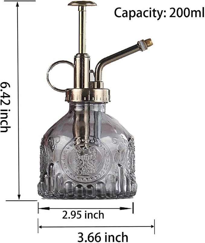 Plant Mister Glass Spray Bottle Small Plant Watering Can 6.4" Tall Retro Indoor Watering Can Bronze Plastic Top Pump for Garden Indoor Plant Sprayer (Grey)