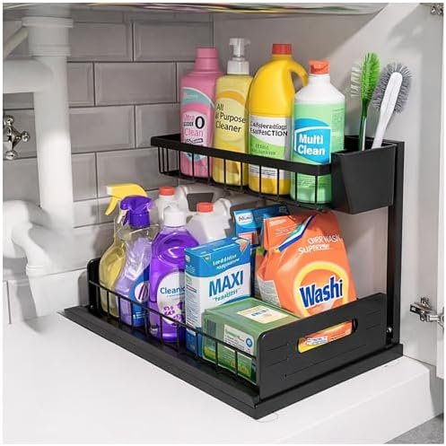 Under Sink Organizer 2 Tier with Slide-Out Drawer and Brush Holder (1)